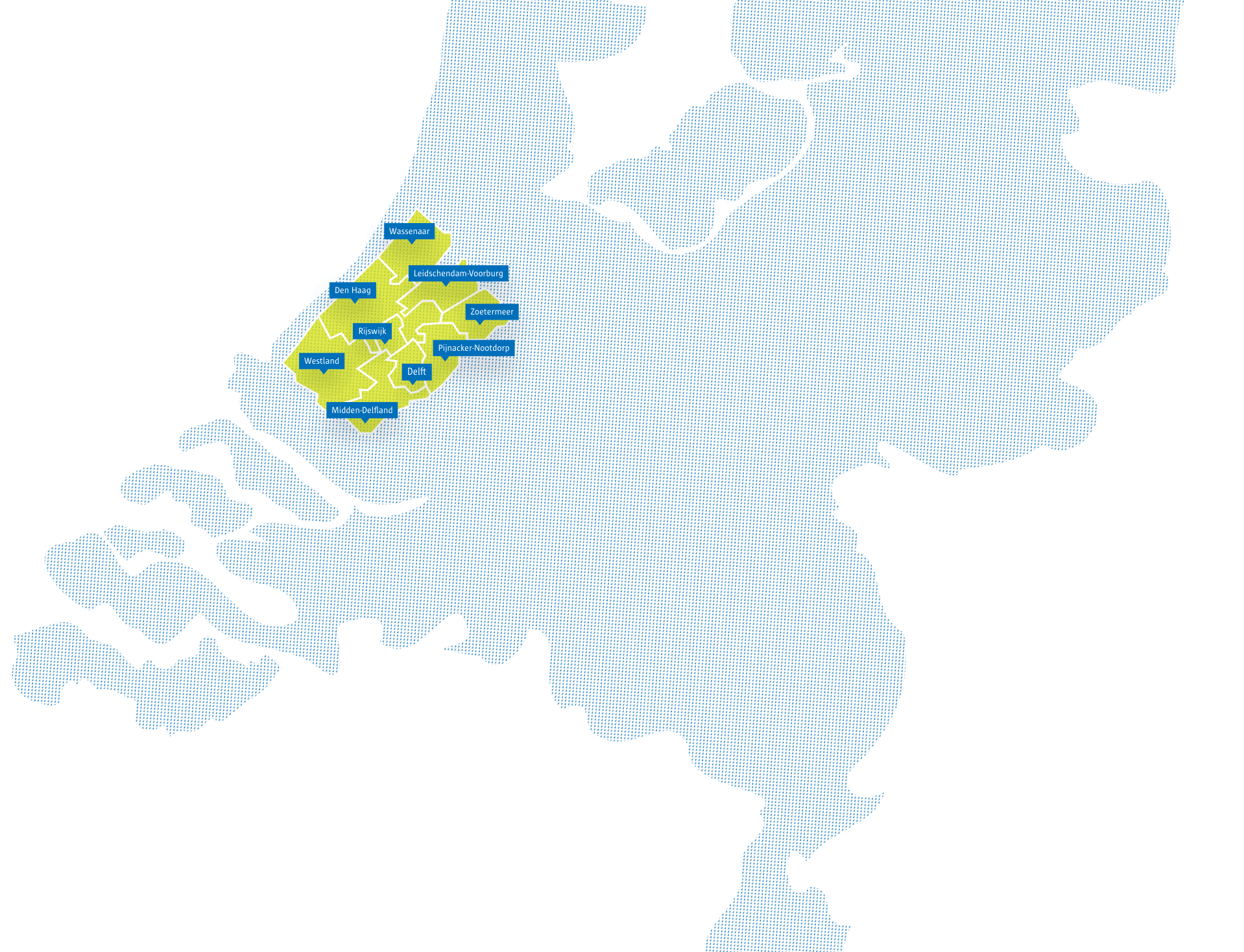 Kaart van Nederland, met uitgelichte gemeentes: Wassenaar, Den Haag, Rijswijk, Westland, Midden-Delfland, Delft, Pijnacker-Nootdorp, Zoetermeer en Leidschendam-Voorburg