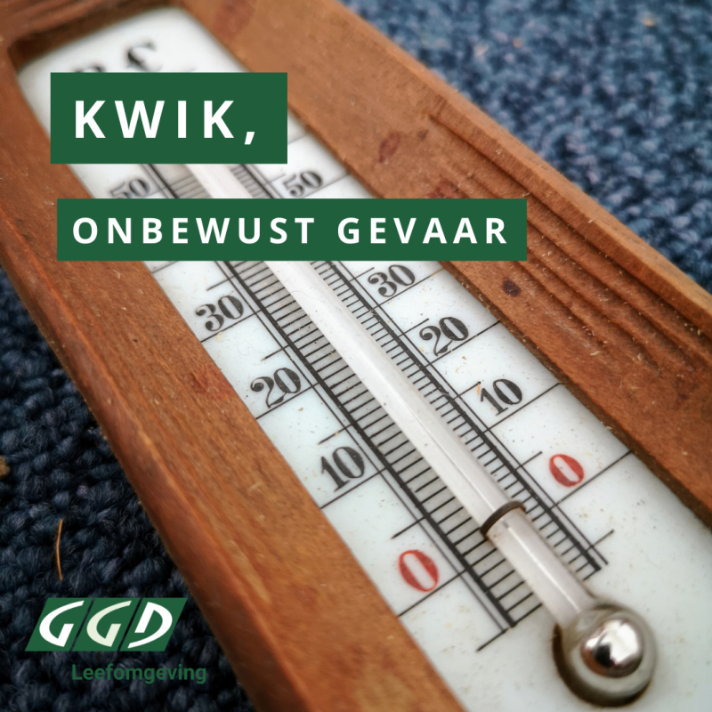 Oude kwikthermometer met de tekst: Kwik, onbewust gevaar - GGD Leefomgeving