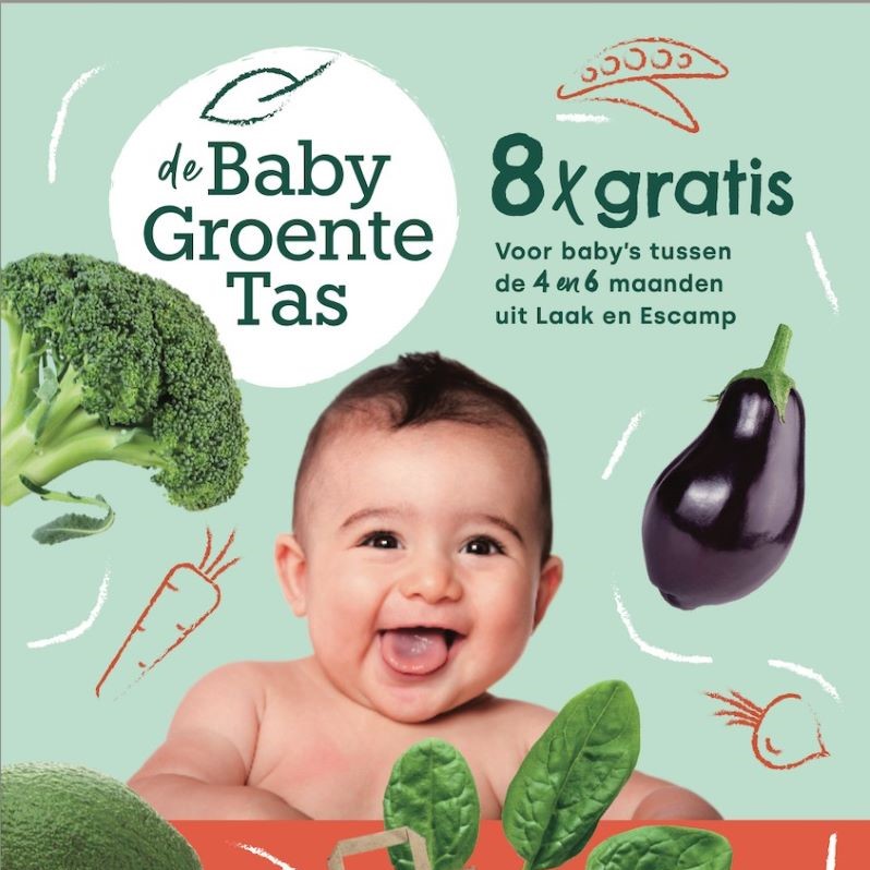 poster met baby met verschillende soorte groenten met de tekst: de babygroentetas (8x gratis voor baby's tussen de 4 en 6 maanden in Laak en Escamp). Schrijf je in www.babygroentetas.nl.