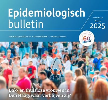 voorkant van het Epidemiologisch Bulletin maart 2025. De foto laat een druk straatbeeld zien met de tekst: Dak- en thuisloze vrouwen in Den Haag: waar verblijven zij?
