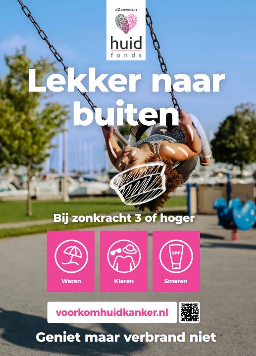 Poster Lekker naar Buiten van het Huidfonds met de boodschap Weren, Kleren, Smeren om huidkanker te voorkomen.