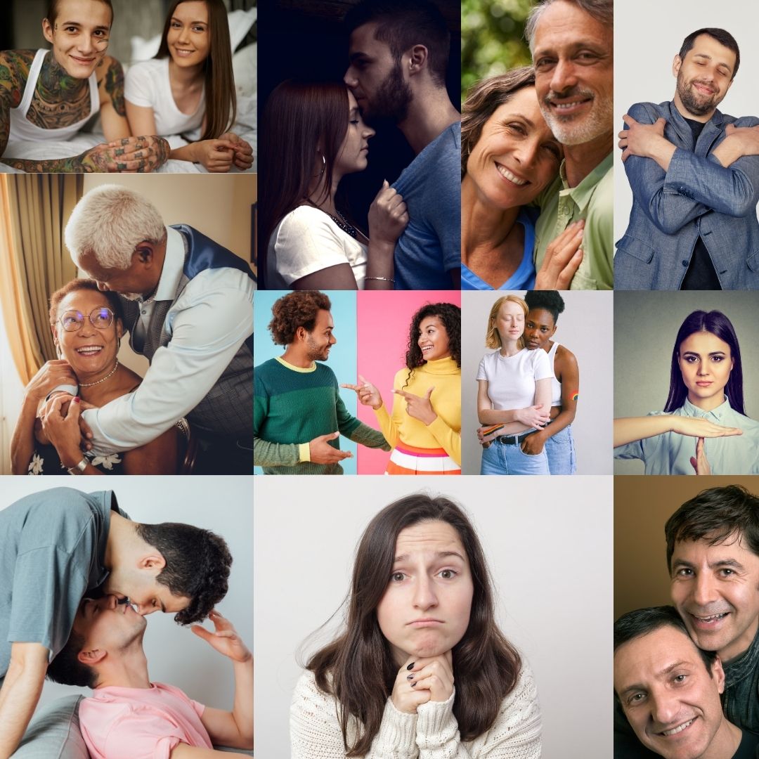 collage van foto's van verschillende mensen, alleen of samen.