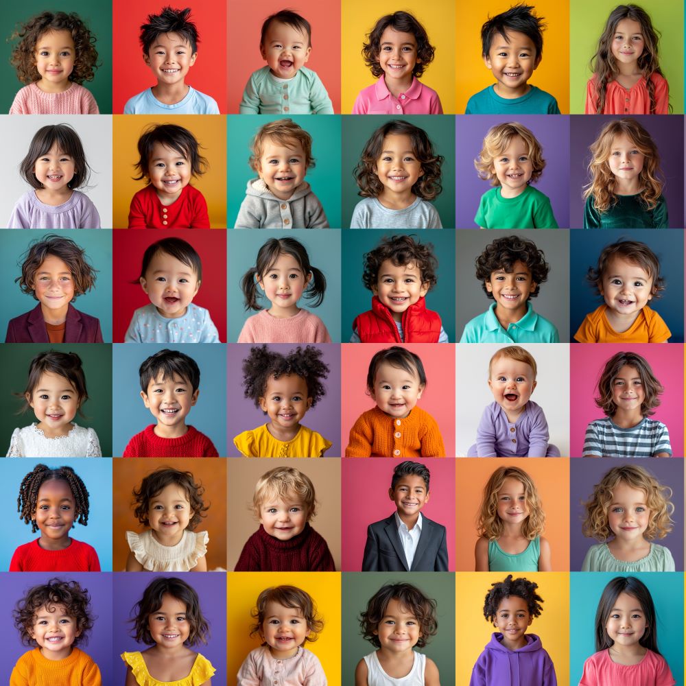 collage van foto's van jonge kinderen, elke met een eigen kleurige achtergrond