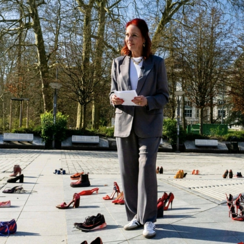 Foto van Barbara Godwaldt op straat waar paren schoenen staan uitgestald